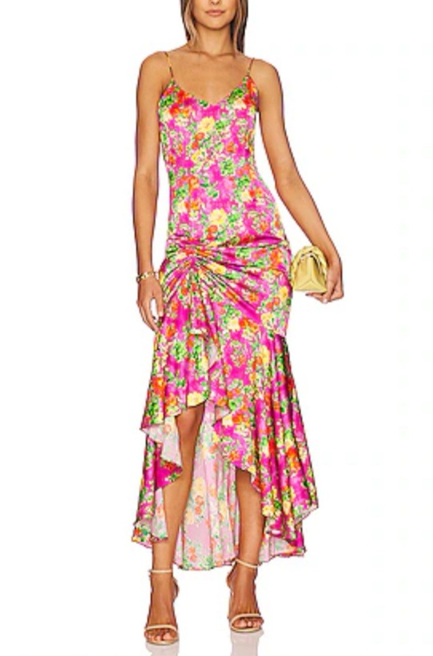 Caroline Constas Holland Asymmetrical Dress Pink Summer Floral Silk Blend Size L